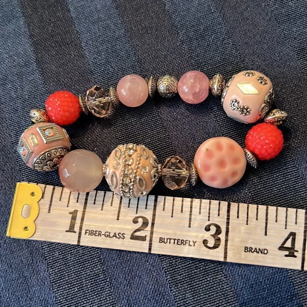 NWT Angelas Designs handmade stretchy Pink silver beaded bracelet